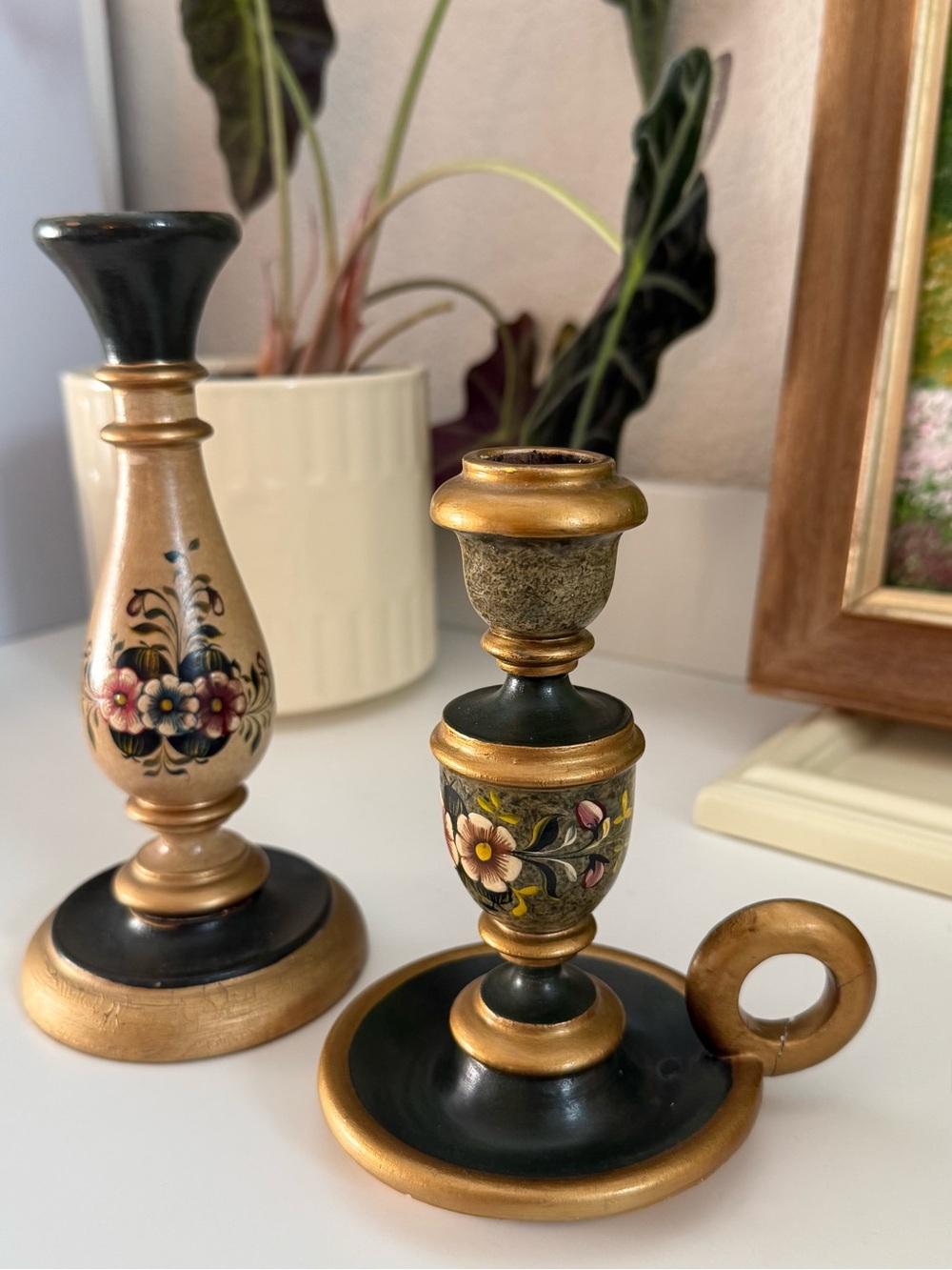 Cesar Urbano Signed Hand-Painted Floral Wooden Candle Holders